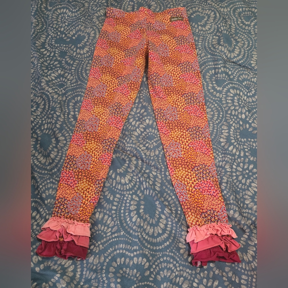 Size 10 Matilda Jane Multicolored Patterned Leggings, Ruffles At Botton Of Leg